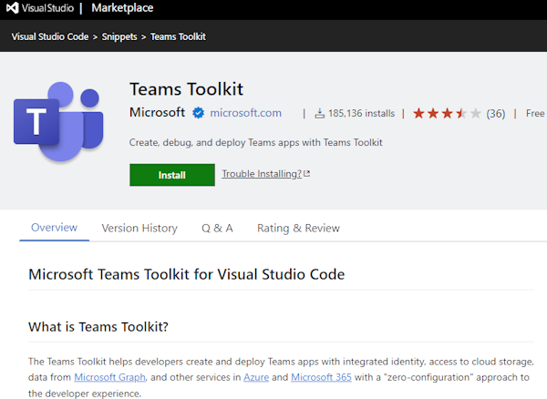 Teams Toolkit Marketplace 画面を示すスクリーンショット。